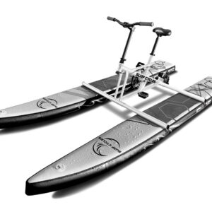 Assembled Surf Cycle water bike with dual inflatable pontoons, bicycle seat, handlebars, and pedal drive on white background.