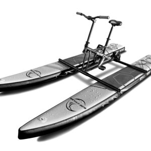 Assembled Surf Cycle water bike with dual inflatable pontoons, bicycle seat, handlebars, and pedal drive on white background.