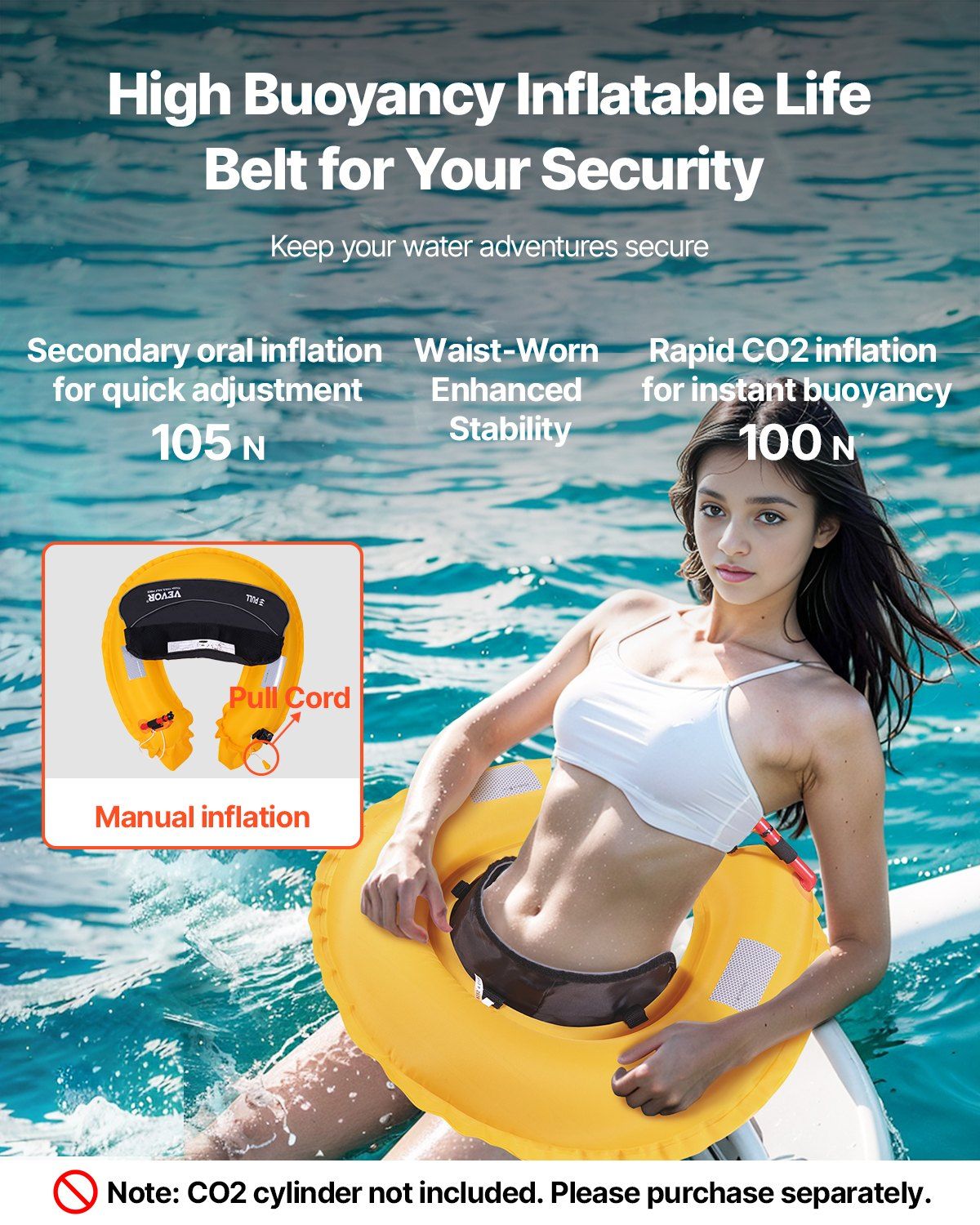 VEVOR Manual Inflatable Belt Pack for Adults, 105N Buoyancy, Over 80 Pounds and Up to 59 in Waist Adjustable, Inflatable PFD Waist for SUP Paddelboarding, Kayaking, Black (CO2 Cylinder Not Included) - Image 2